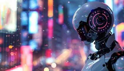 Futuristic Autonomous Robot Gazing at Urban Nightlife in Neon-Lit City