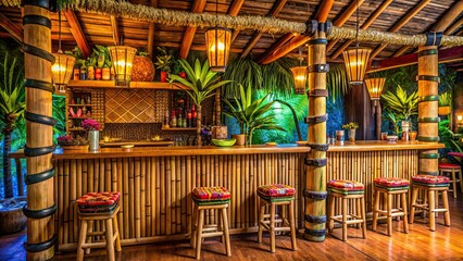 Vibrant and colorful Tiki bar interior with bamboo decor and tropical motifs, tropical, exotic, bar, interior, design