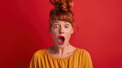Redhead woman with an expressive surprised look, wide eyes, and open mouth. She has her hair in a top bun, wears a yellow shirt, and stands against a vibrant red background