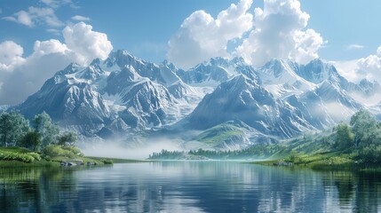 Fototapeta premium Tranquil lake reflecting towering mountains