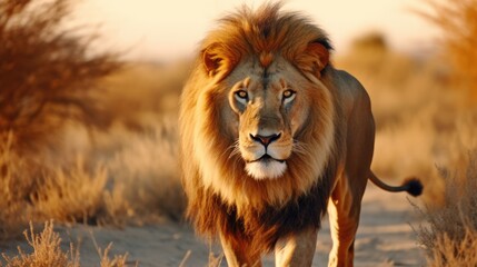 Lion with mane in Etosha, Namibia. African lion walking in the grass, with beautiful evening light. 