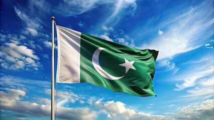 Pakistani flag waving proudly against a blue sky background, Pakistan, Independence day, flag, patriotism, celebration, national