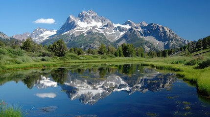 Fototapeta premium Tranquil lake reflecting towering mountains