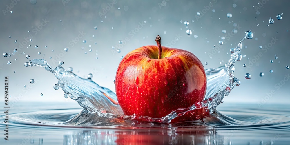 Wall mural Ripe red apple dropping into a refreshing water splash, fruit, fresh, healthy, organic, natural, diet, nutrition, diet, splash, water