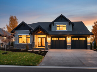 Naklejka premium A Modern Suburban Home Bathed in Golden Light at Dusk