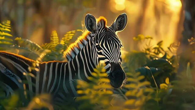 In the African jungle, a black and majestic animal with bold stripes roams freely, its portrait captured in a mesmerizing photo, showcasing the natural beauty of wildlife in its purest form