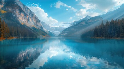 Tranquil lake reflecting towering mountains