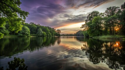 Fototapeta premium a lake with trees and clouds reflected in the water