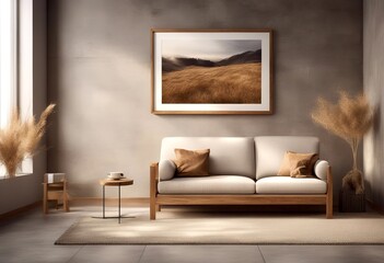 in room warm coffee illustration neutral decor cushion wall dried background home interior wooden frame table frame painting interior low wall grass layout sofa concrete