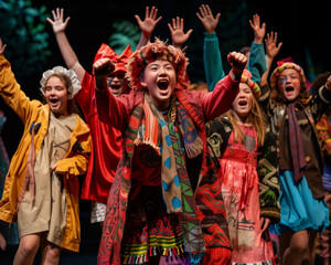 group of enthusiastic students performing in a vibrant school play with energy and excitement