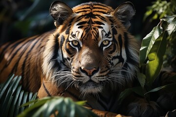 Fototapeta premium Vivid portrait of a tiger, lush foliage background. 