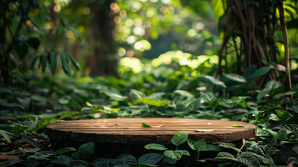Fototapeta premium A wooden podium stands in the heart of a lush forest. Its surface is adorned with vibrant green leaves, seamlessly blending into the surrounding foliage.