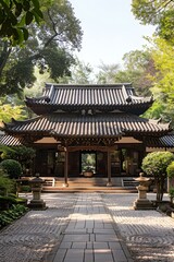 Fototapeta premium Japanese temple surrounded by trees and shrubs