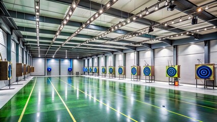 Modern indoor archery range equipped with precision targets and top-of-the-line equipment , archery, range, indoor, targets