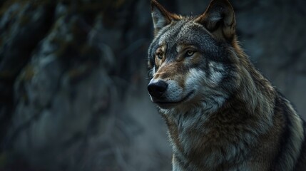 Fototapeta premium Close-up of a grey wolf's face, highlighting its features.