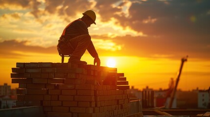 Fototapeta premium Silhouette of a construction worker laying bricks at a construction site. The worker precise movements and the partially built wall are framed against the last light of the setting sun, illustrating