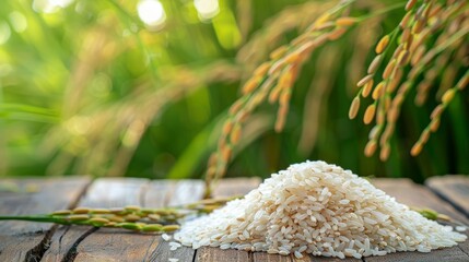 Fototapeta premium Photo of white rice and paddy rice on a wooden table with rice plants background