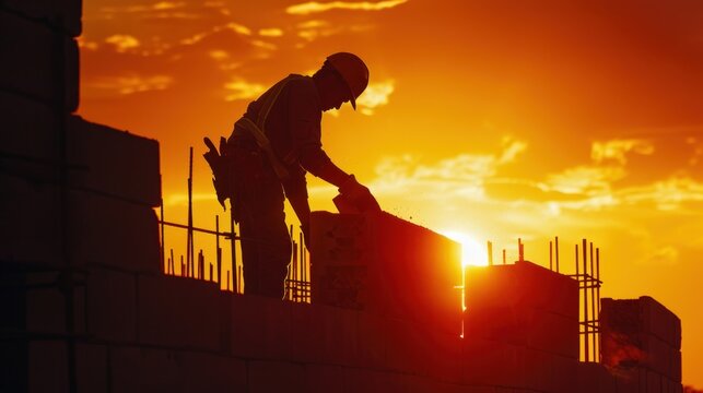 Silhouette of a construction worker laying bricks at a construction site. The worker precise movements and the partially built wall are framed against the last light of the setting sun, illustrating