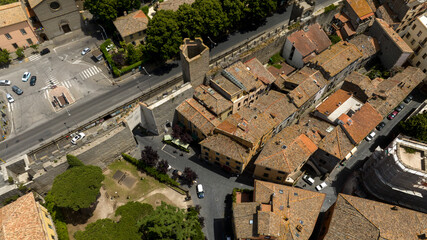 Aerial view of Porta della Verità. It was one of the entrances into the medieval city of Viterbo, Lazio, Italy. Today it is the gateway to the historic center of the city.