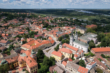 Obraz premium Aerial view of historical part of Sremski Karlovici town and orthodox cathedral on sunny day. Serbia.