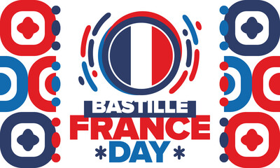 Fototapeta premium France Bastille Day. National happy holiday, celebrated annual in July 14. French flag. France independence and freedom. Patriotic elements. Festive and parade design. Vector poster illustration