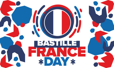 Obraz premium France Bastille Day. National happy holiday, celebrated annual in July 14. French flag. France independence and freedom. Patriotic elements. Festive and parade design. Vector poster illustration