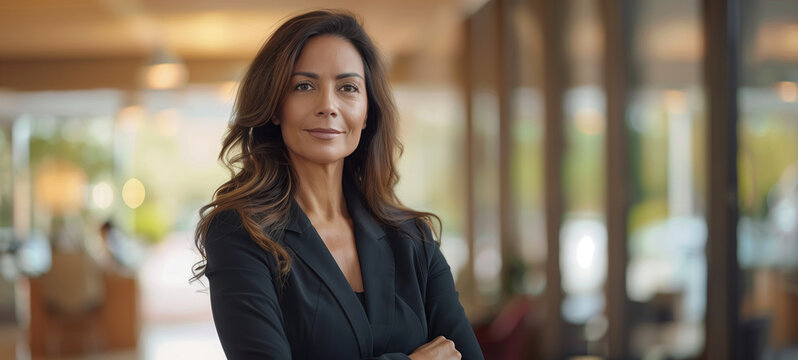 A portrait of an attractive middle-aged Hispanic businesswoman standing in her modern office, looking at the camera with a confident smile and her arms crossed - Powered by Adobe