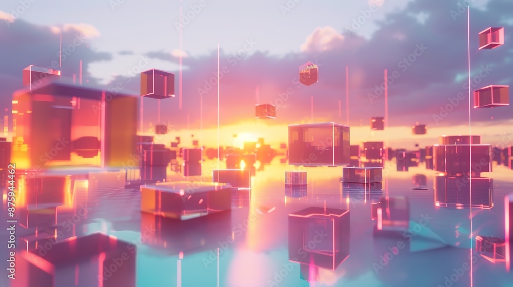 Poster abstract virtual reality landscape with floating geometric shapes and soft glows