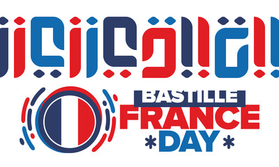 France Bastille Day. National happy holiday, celebrated annual in July 14. French flag. France independence and freedom. Patriotic elements. Festive and parade design. Vector poster illustration