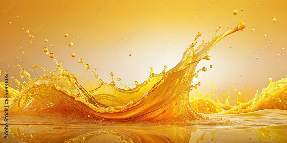 Sticker Yellow colored water splashes and drops isolated on background, abstract background with orange juice wave, yellow, colored