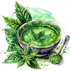 Obraz premium Fresh Nettle Leaf Soup. Healthy Herbal Meal with Wild Nettle Leaves and Essential Ingredients
