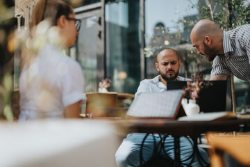 Young business entrepreneurs strategize and collaborate on a project outdoors, demonstrating teamwork, improvement, and growth.