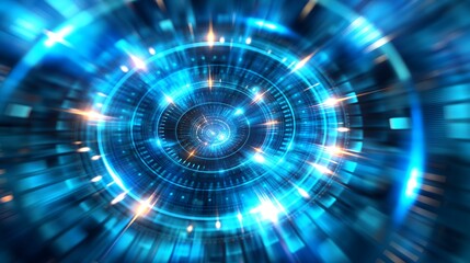 laser beams, glowing halos, and dynamic digital flows against a high-tech backdrop that pulsates with energy and light.