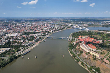 Aerial view of Novi Sad, Petrovaradin Fortress and Danube river on sunny summer day. Serbia.