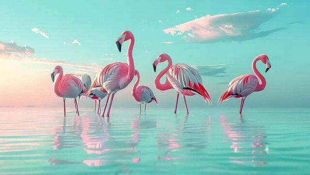 Wild african birds. Group birds of pink african flamingos walking around the blue lagoon on a sunny day