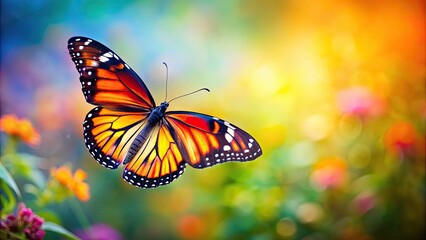 Fototapeta premium Vibrant butterfly in flight on background , butterfly, blue, yellow, orange, colorful, wings, beauty, flying, insect
