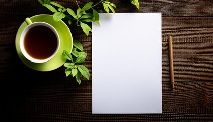 Top view of a blank white paper sheet next to a cup of coffee on a wooden table.