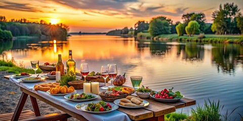 Obraz premium Table with assortment of food and drinks set up along a river bank at dusk, picnic, outdoor dining