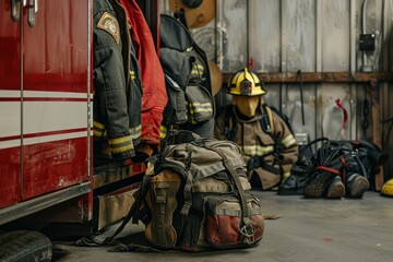 A fireman is sitting on the ground next to a fire truck generated by AI