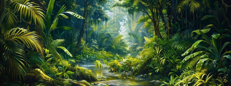 Fototapeta A lush jungle with a river running through it generated by AI