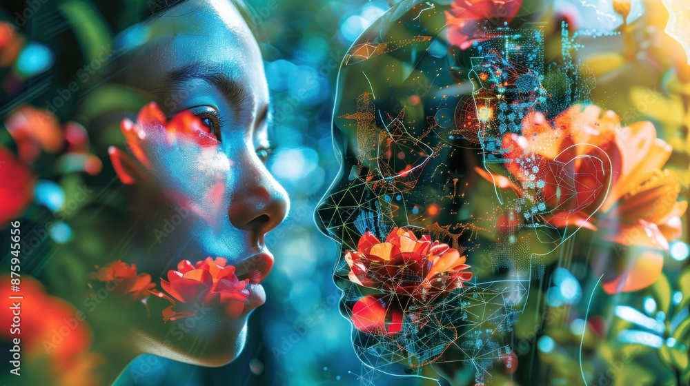 Canvas Prints Digital Encounter: Two Faces Merged in Bloom