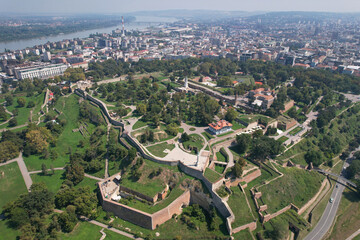 Aerial view of Kelemegdan Park and Belgrade fortress on sunny summer day. Belgrade, Serbia.