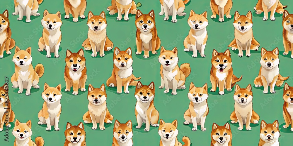 Poster Seamless pattern featuring adorable shiba inu dogs in various poses, shiba inu, dog, seamless, pattern, cute, pet, Japanese