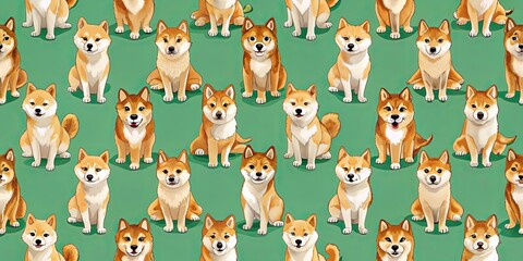 Seamless pattern featuring adorable shiba inu dogs in various poses, shiba inu, dog, seamless, pattern, cute, pet, Japanese
