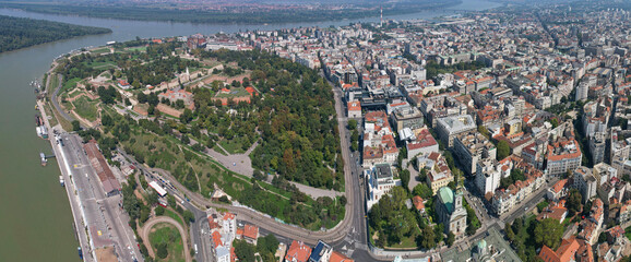 Panoramic aerial view of Belgrade, Sava and Danube rivers on sunny summer day. Serbia.