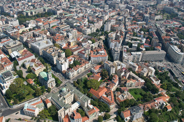 Birds eye view of central part of Belgrade on sunny summer day. Serbia.