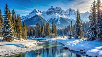 Snow-covered mountain peaks with pine trees and a frozen river below, winter, mountain, landscape, snow-covered, peaks
