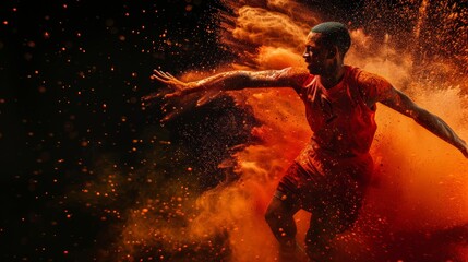 Young man. Male basketball player is exploding neon orange colored powder isolated on dark black background. The concept of energy, energy, 