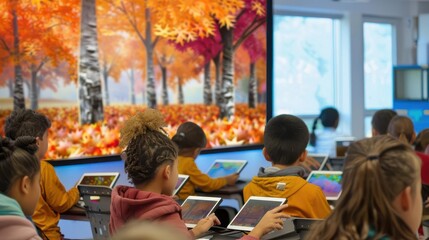 8 Digital classroom with autumn landscape on interactive whiteboard, students using tablets for learning, Modern Autumn Classroom, TechEnhanced Education
