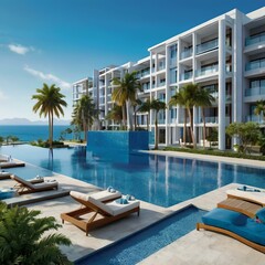 Fototapeta premium Azure Oasis: Evoking the vibrant blue hues of the ocean against a backdrop of clear skies